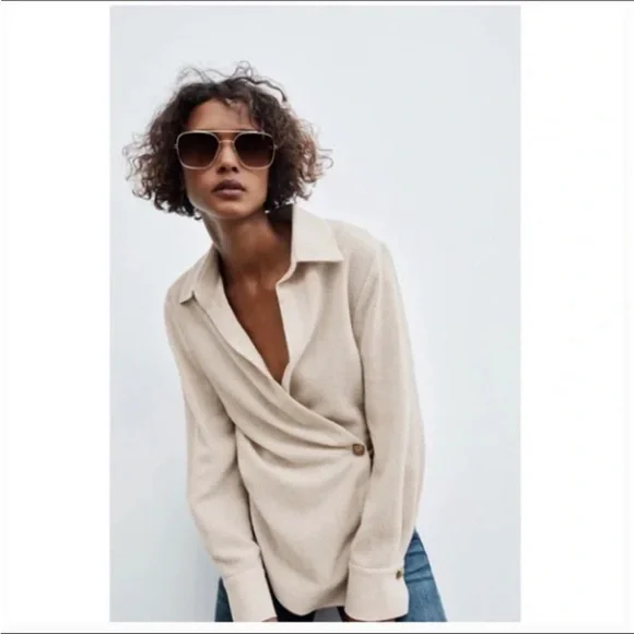 Zara Wool Blend Wrap Long Sleeve Side button Top Size S - Picture 7 of 15